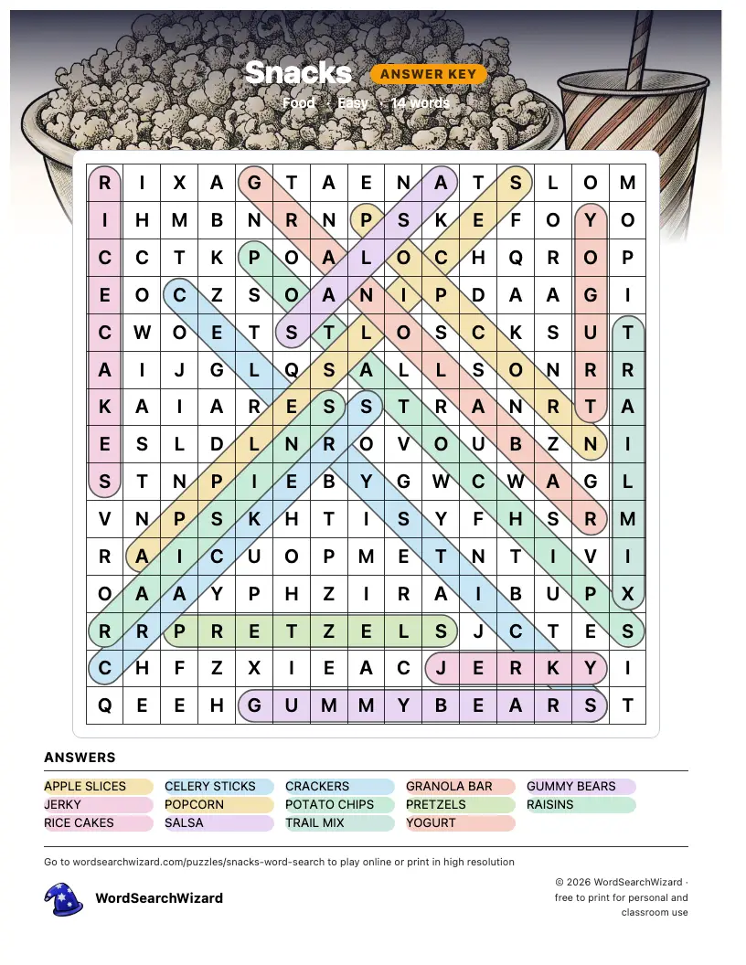 Snacks word search answer key, all 14 words marked