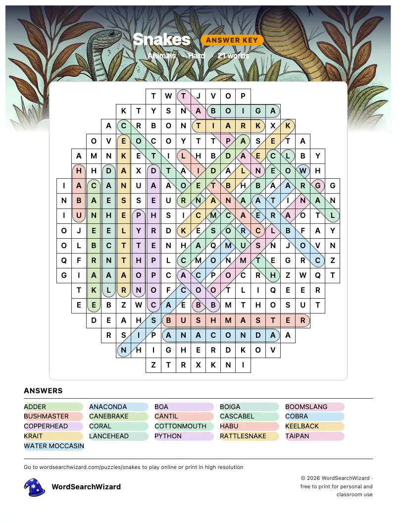 Snakes word search answer key, all 21 words marked