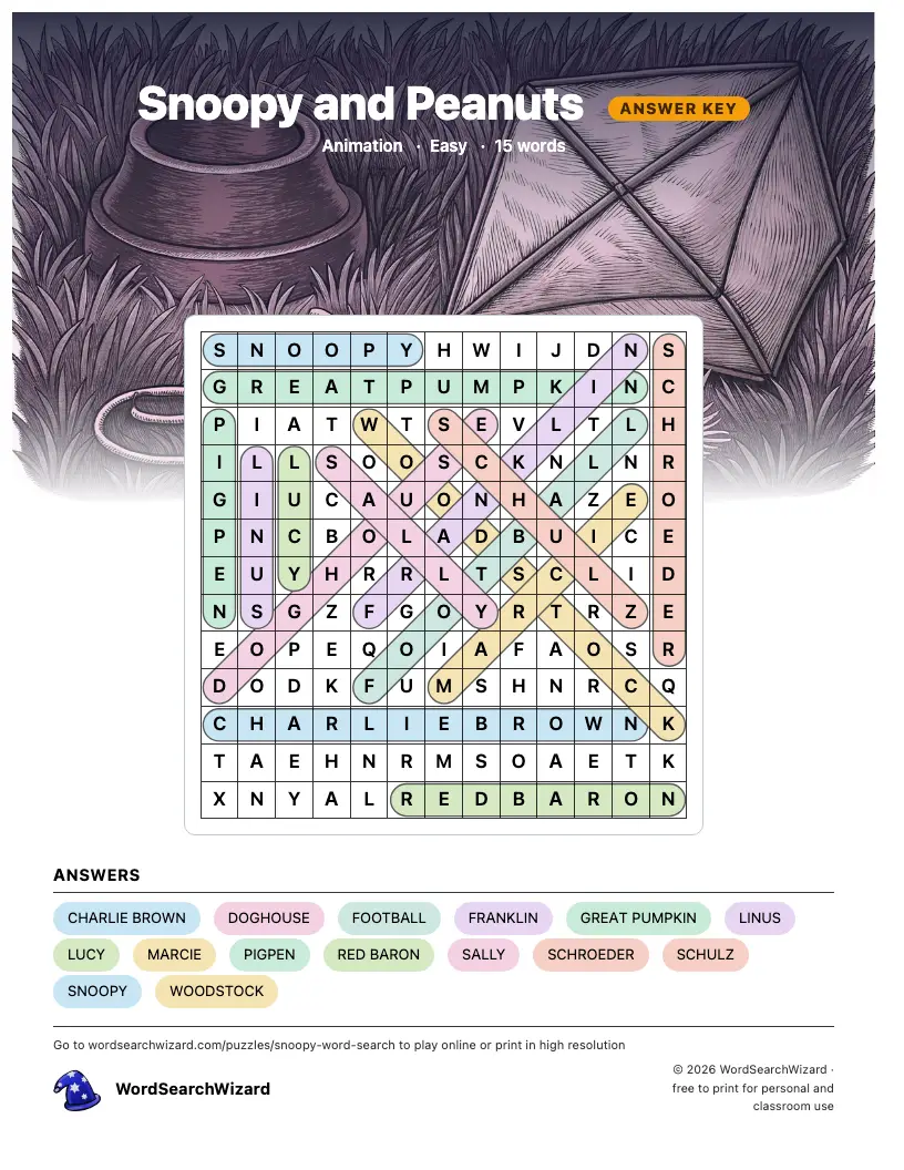 Snoopy and Peanuts word search answer key, all 15 words marked