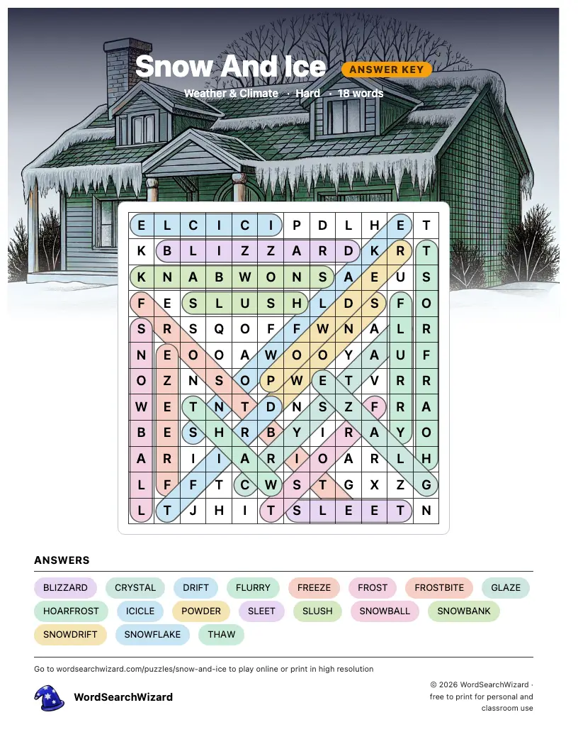 Snow And Ice word search answer key, all 18 words marked