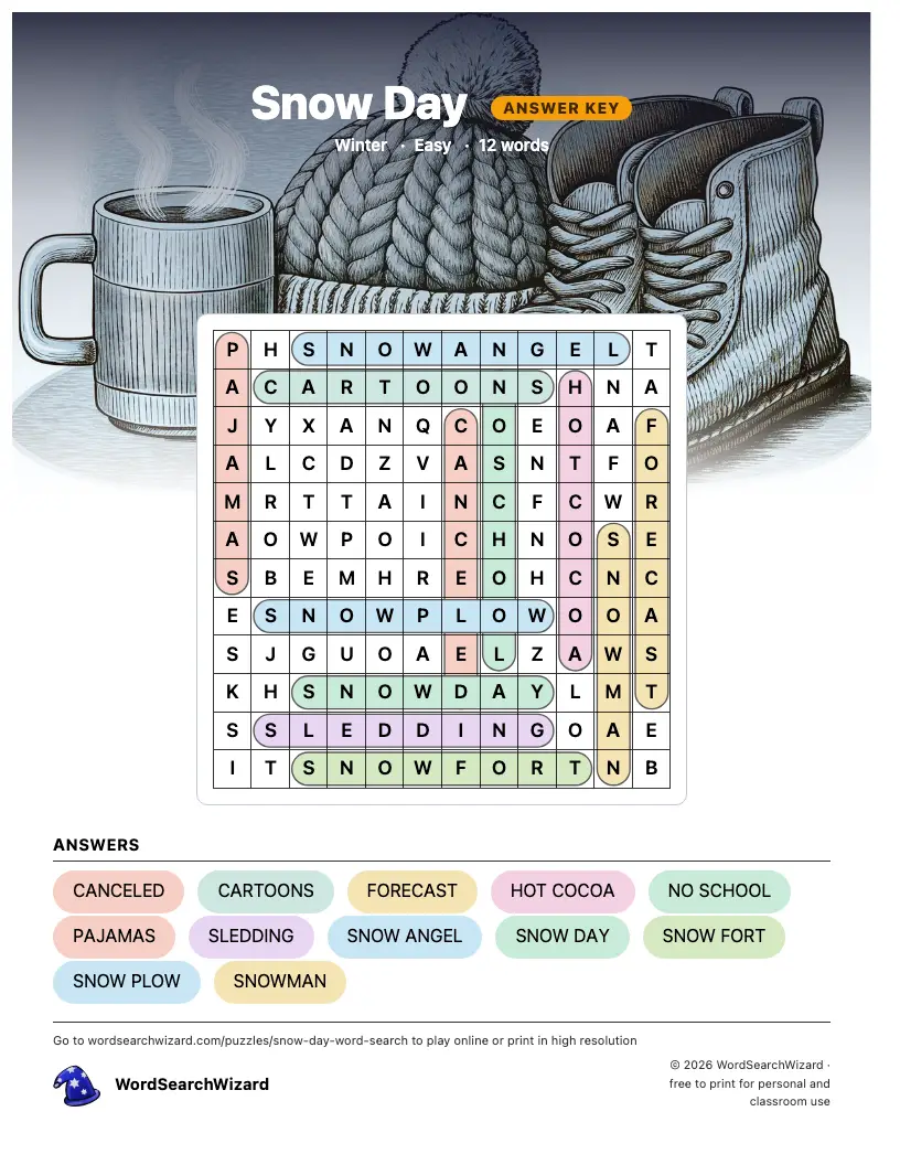 Snow Day word search answer key, all 12 words marked