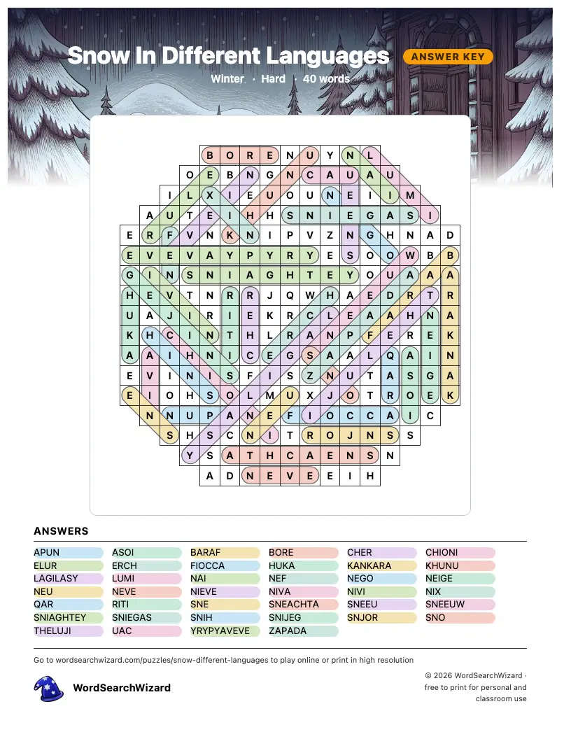 Snow In Different Languages word search answer key, all 40 words marked