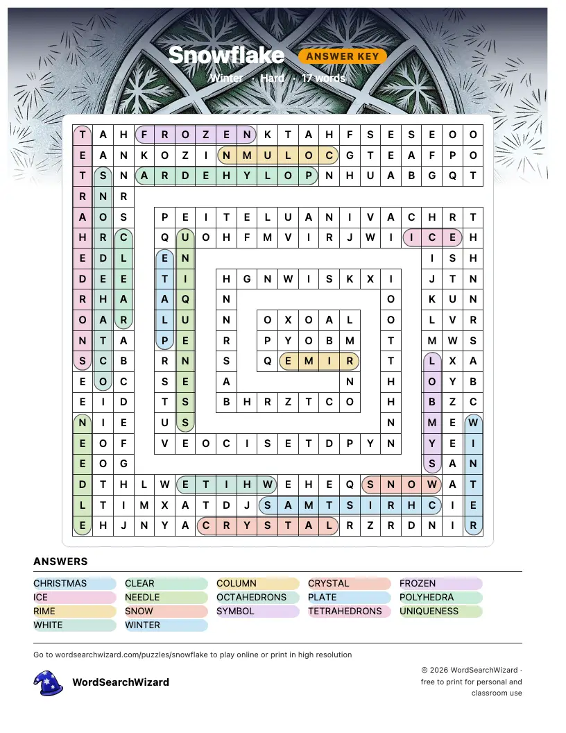 Snowflake word search answer key, all 17 words marked