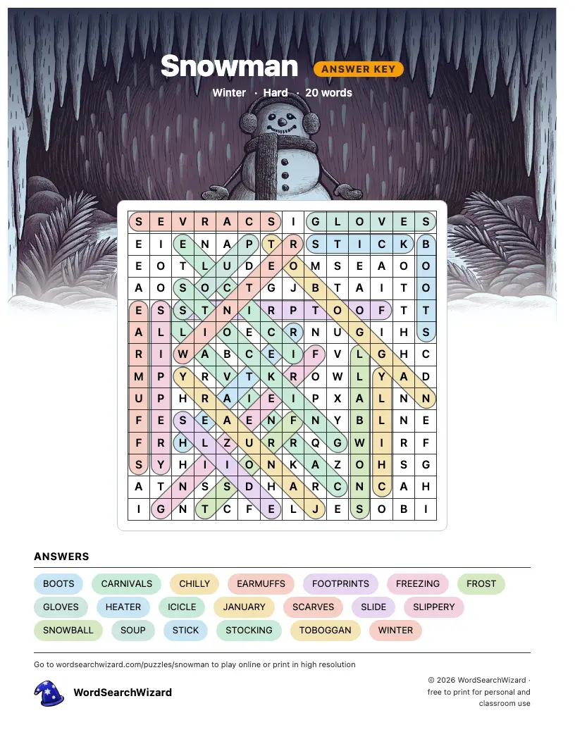 Snowman word search answer key, all 20 words marked