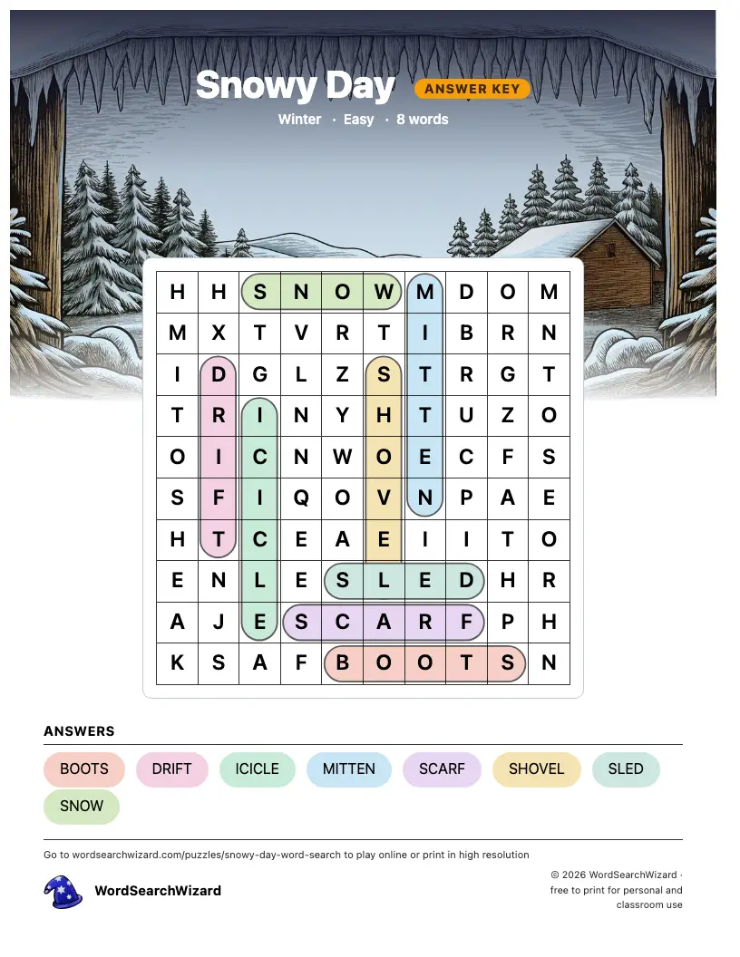 Snowy Day word search answer key, all 8 words marked