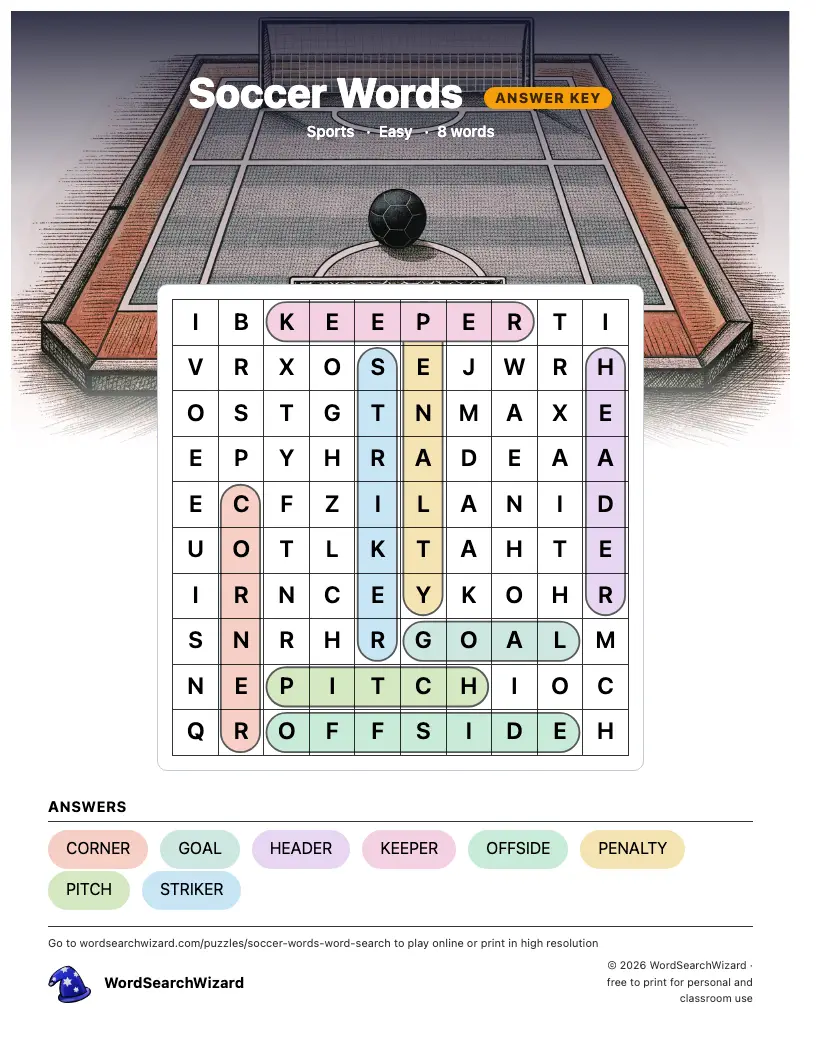 Soccer Words word search answer key, all 8 words marked
