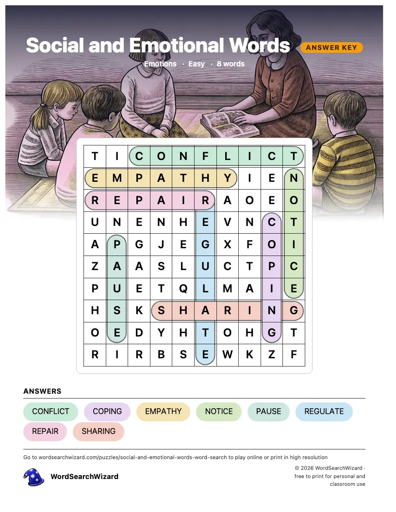 Social and Emotional Words word search answer key, all 8 words marked
