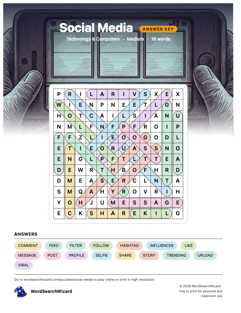 Social Media word search answer key, all 16 words marked