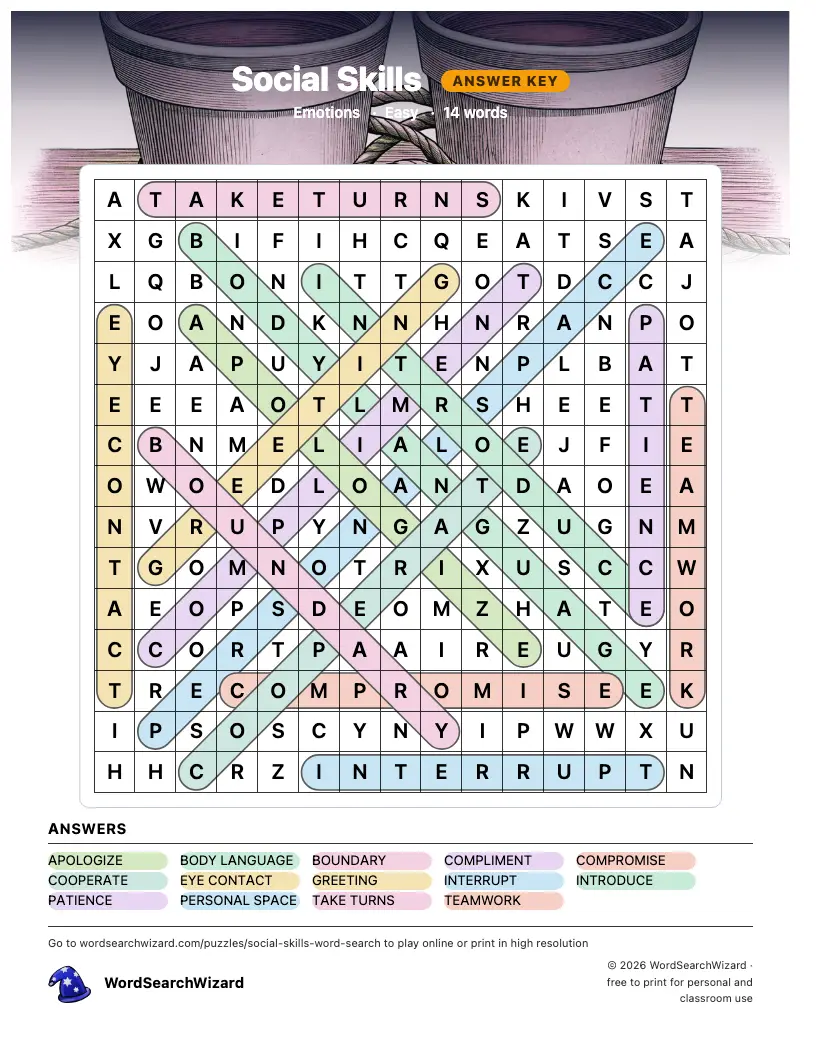 Social Skills word search answer key, all 14 words marked