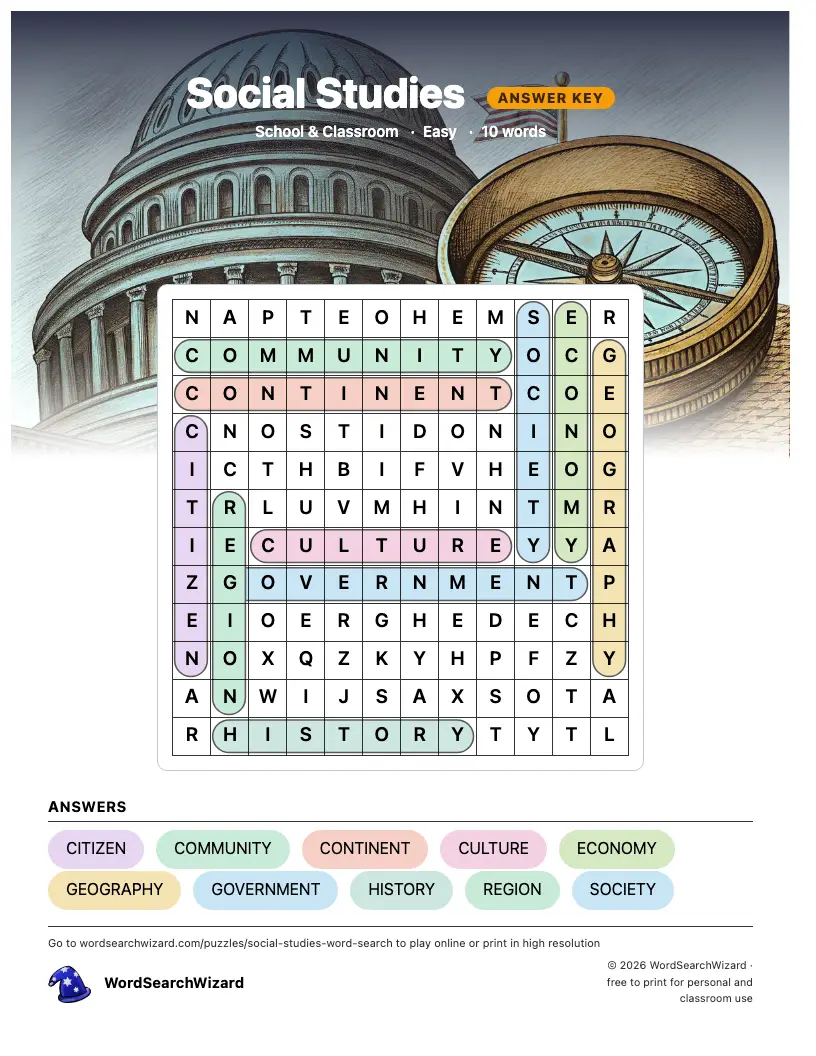 Social Studies word search answer key, all 10 words marked