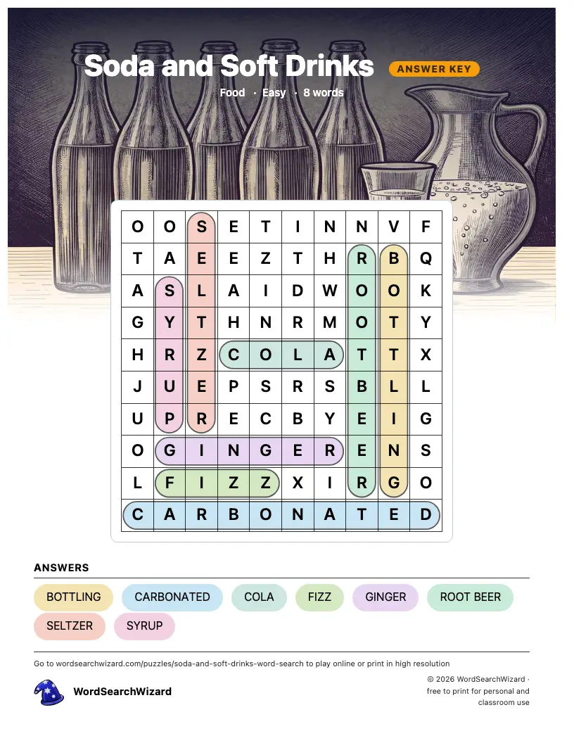 Soda and Soft Drinks word search answer key, all 8 words marked