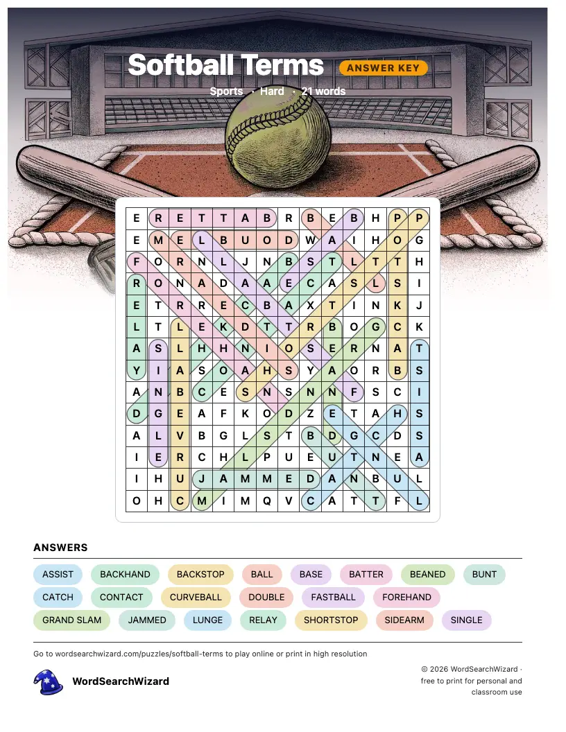 Softball Terms word search answer key, all 21 words marked