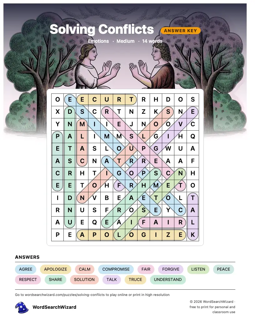 Solving Conflicts word search answer key, all 14 words marked