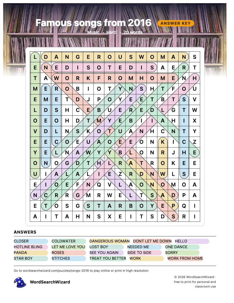 Famous songs from 2016 word search answer key, all 20 words marked