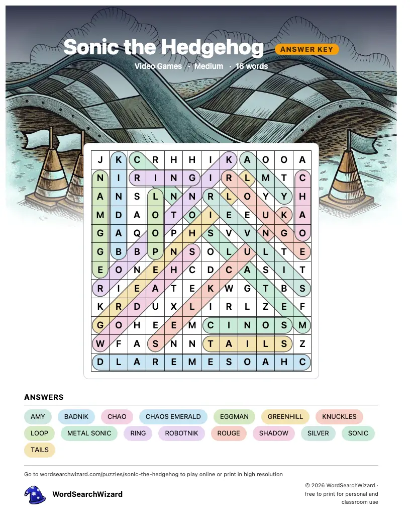 Sonic the Hedgehog word search answer key, all 16 words marked