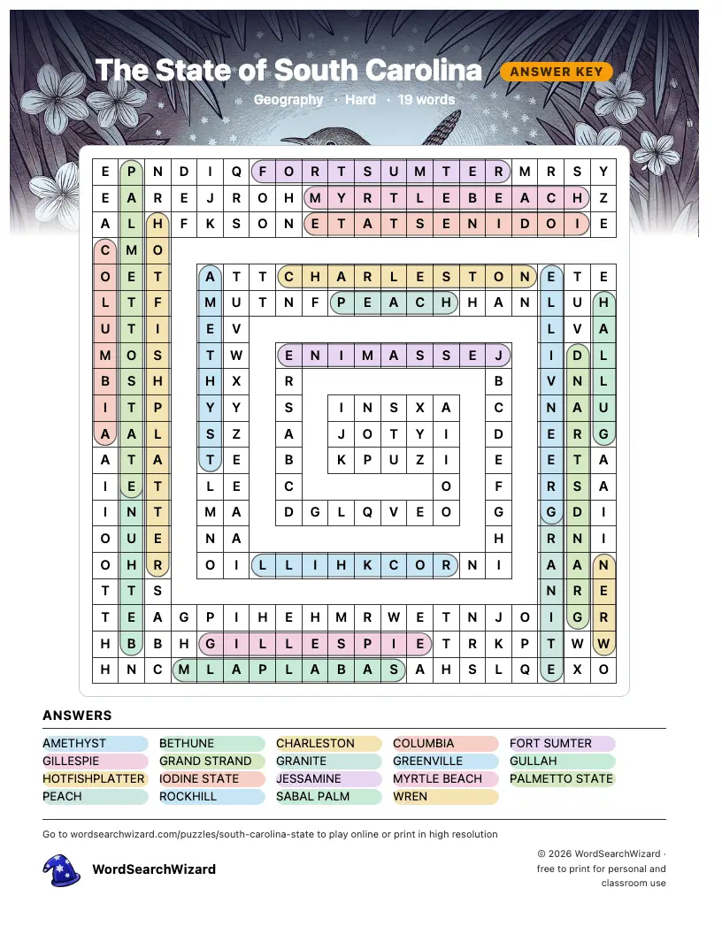 The State of South Carolina word search answer key, all 19 words marked
