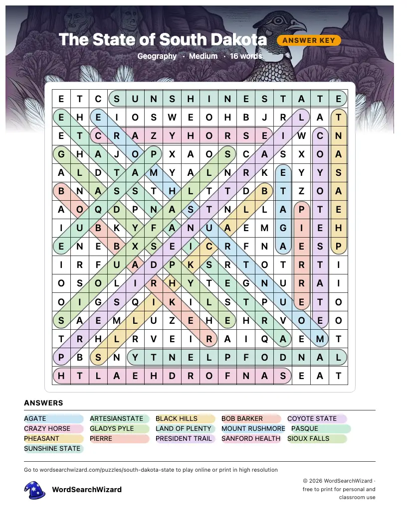 The State of South Dakota word search answer key, all 16 words marked