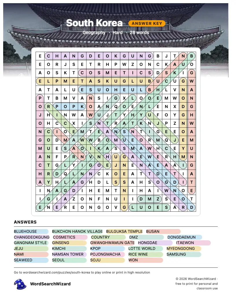 South Korea word search answer key, all 28 words marked