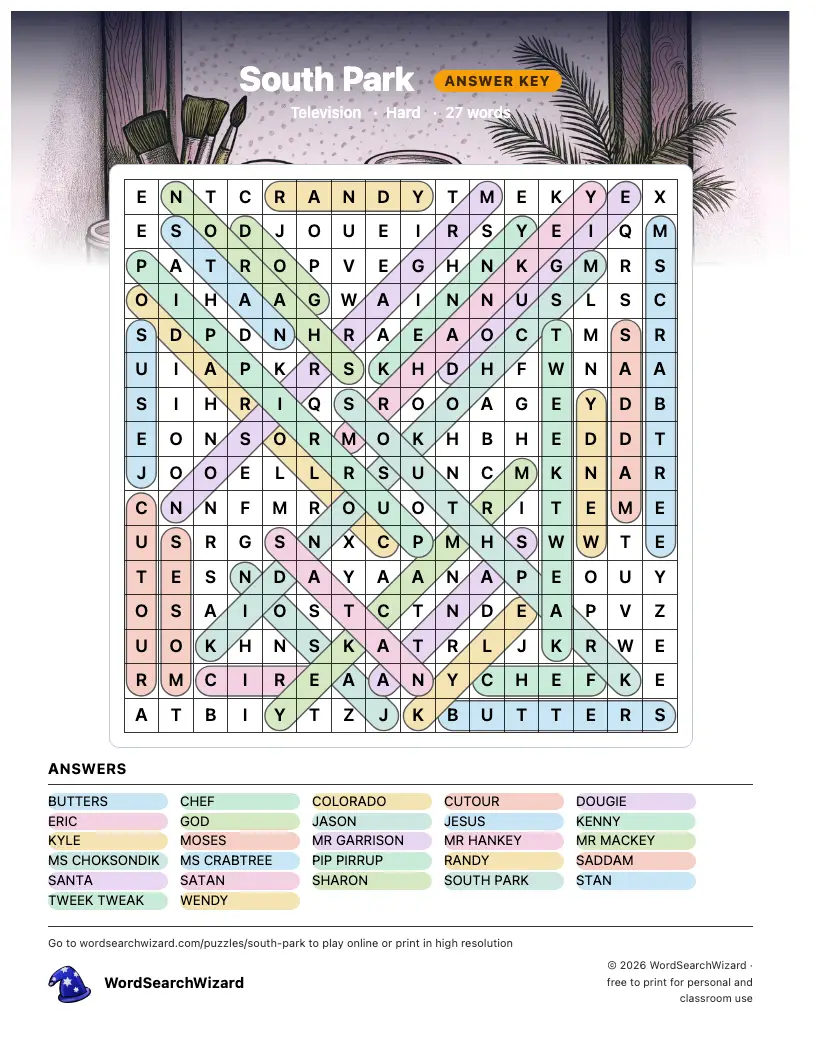 South Park word search answer key, all 27 words marked