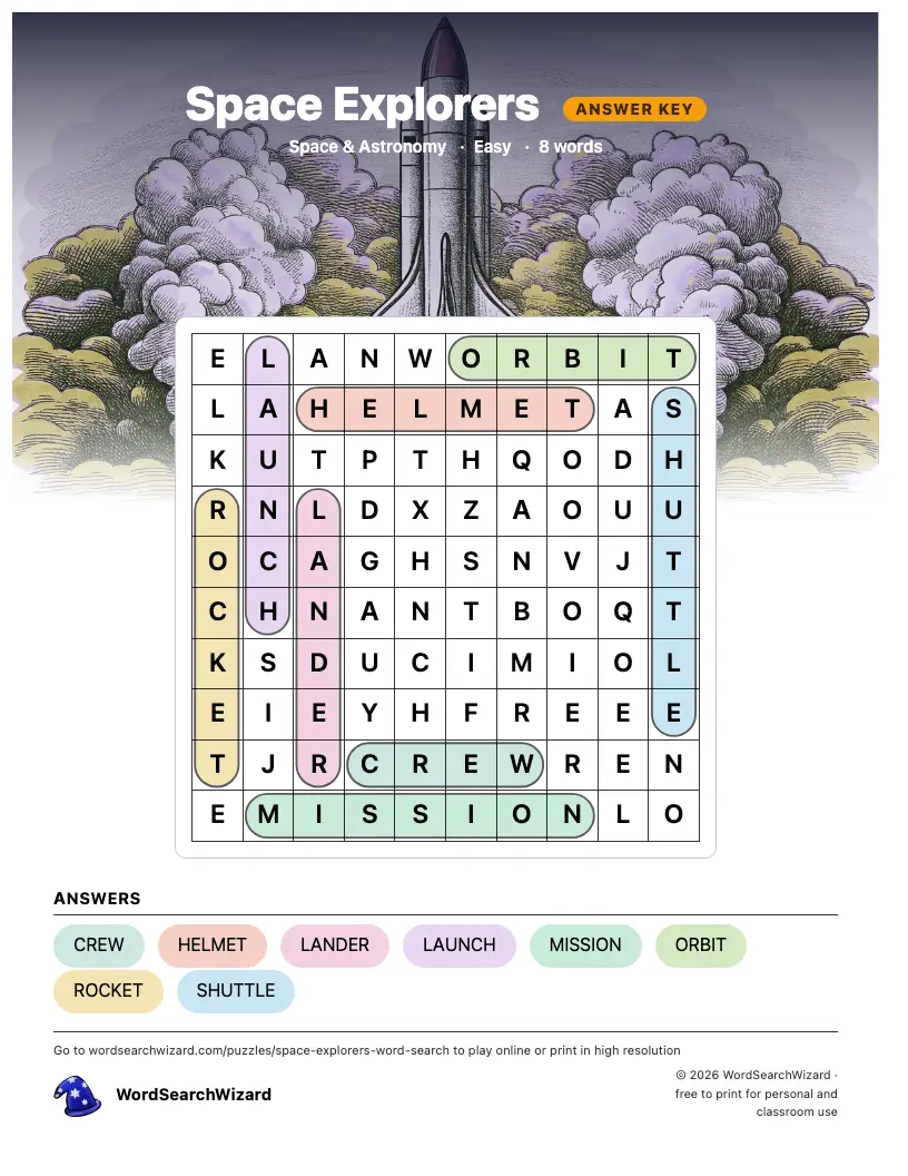 Space Explorers word search answer key, all 8 words marked