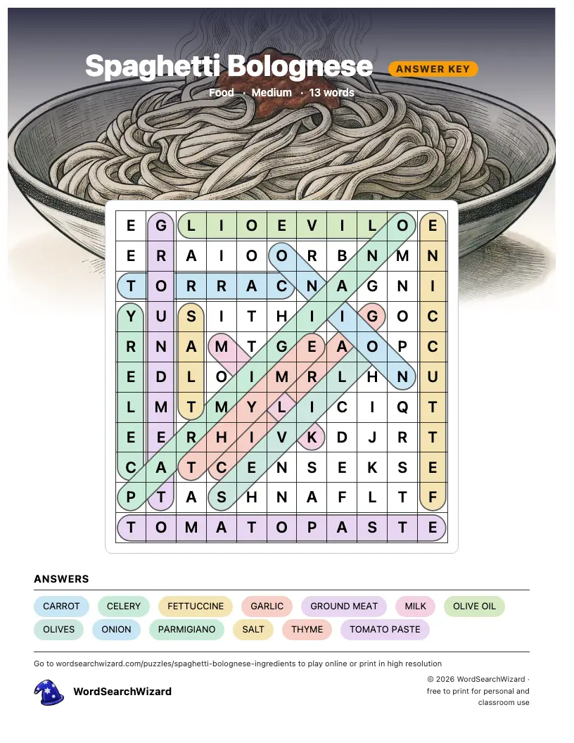 Spaghetti Bolognese word search answer key, all 13 words marked
