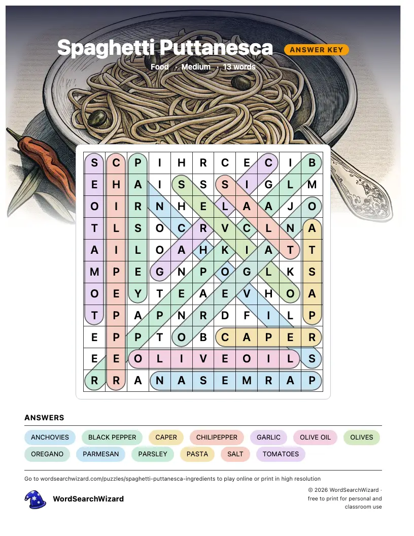 Spaghetti Puttanesca word search answer key, all 13 words marked