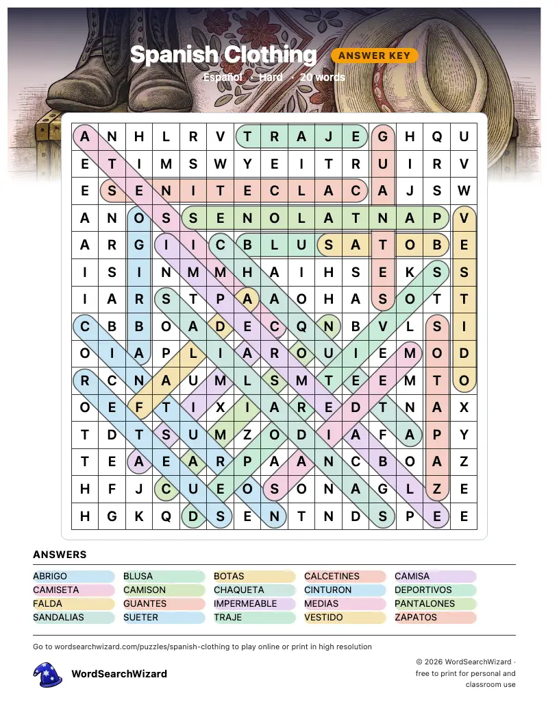 Spanish Clothing word search answer key, all 20 words marked
