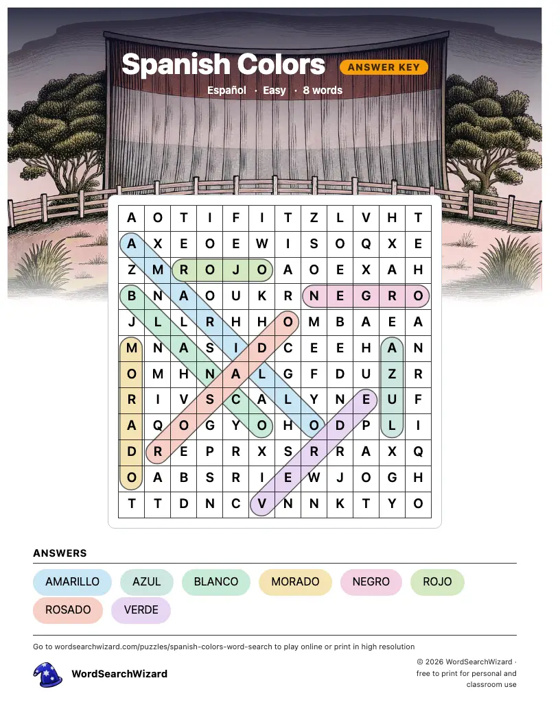 Spanish Colors word search answer key, all 8 words marked