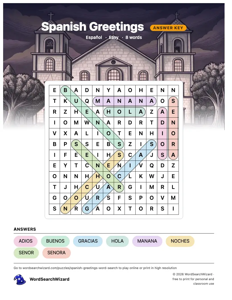 Spanish Greetings word search answer key, all 8 words marked