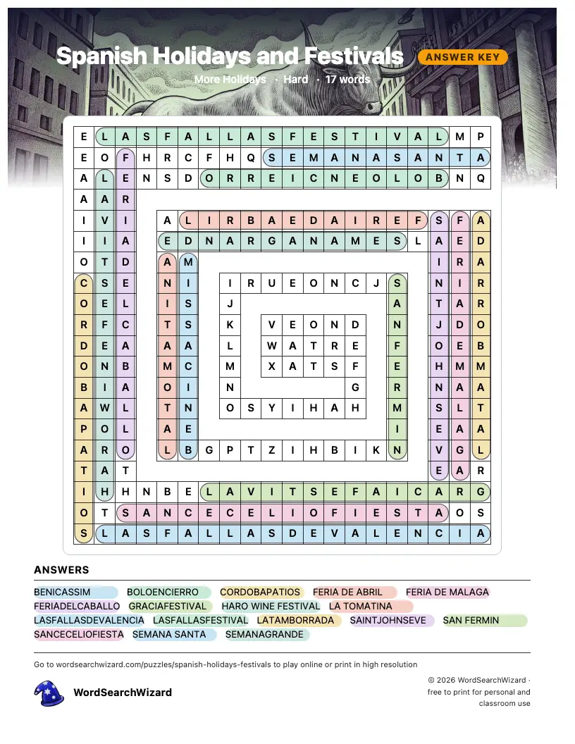 Spanish Holidays and Festivals word search answer key, all 17 words marked