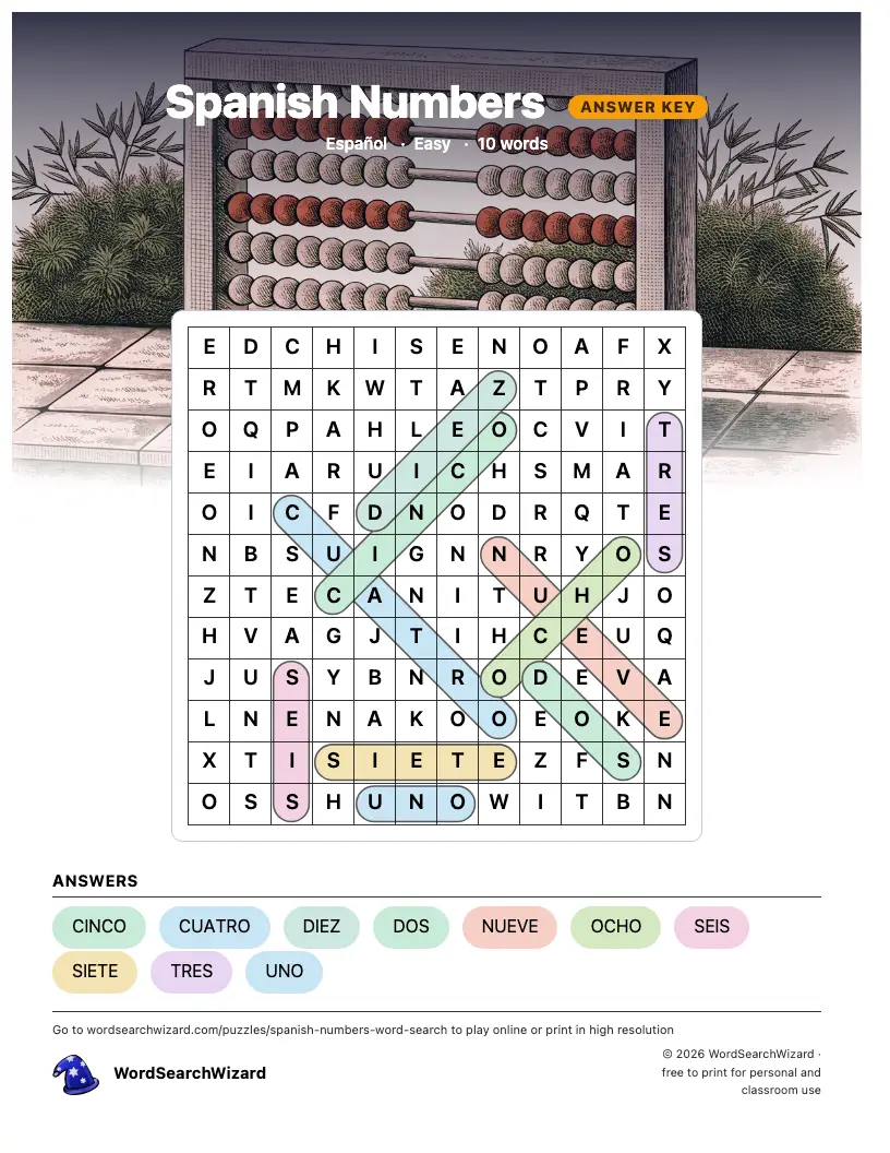 Spanish Numbers word search answer key, all 10 words marked