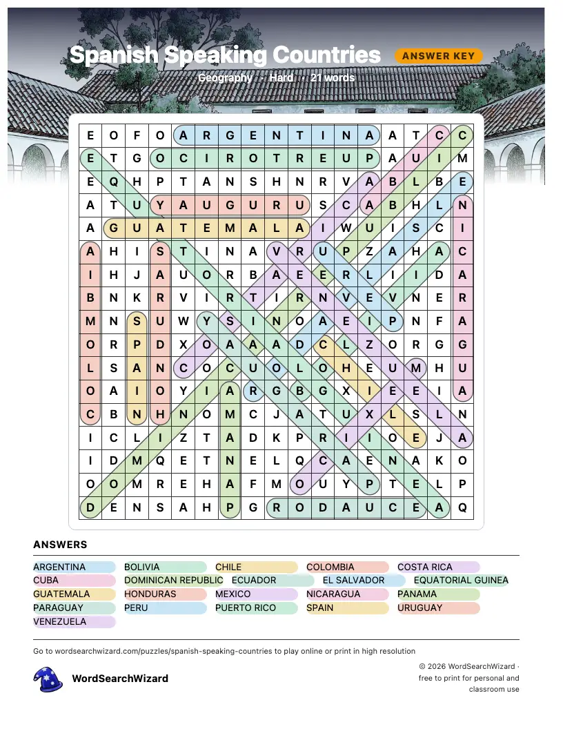 Spanish Speaking Countries word search answer key, all 21 words marked