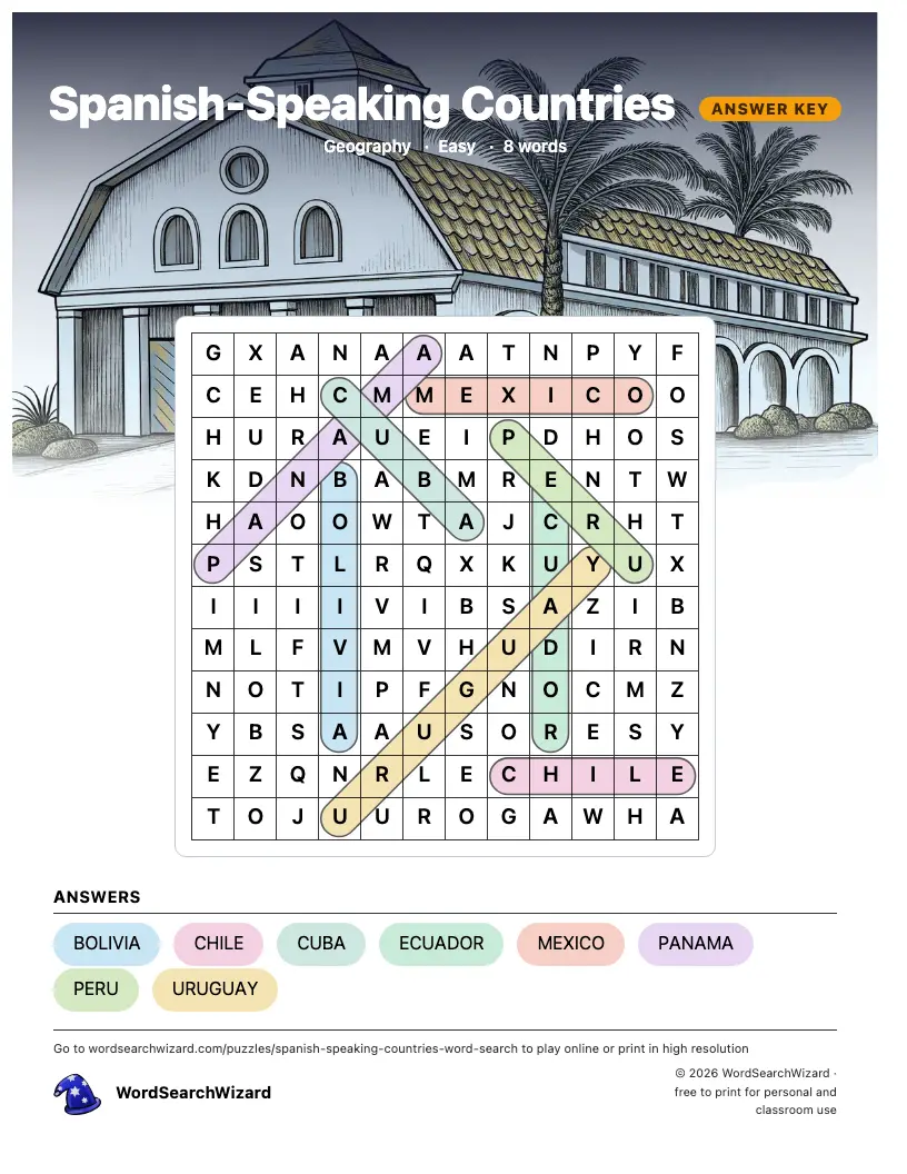 Spanish-Speaking Countries word search answer key, all 8 words marked