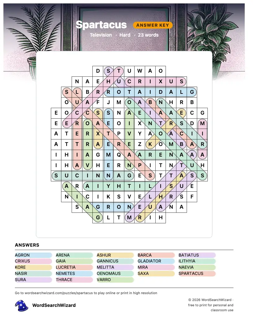 Spartacus word search answer key, all 23 words marked