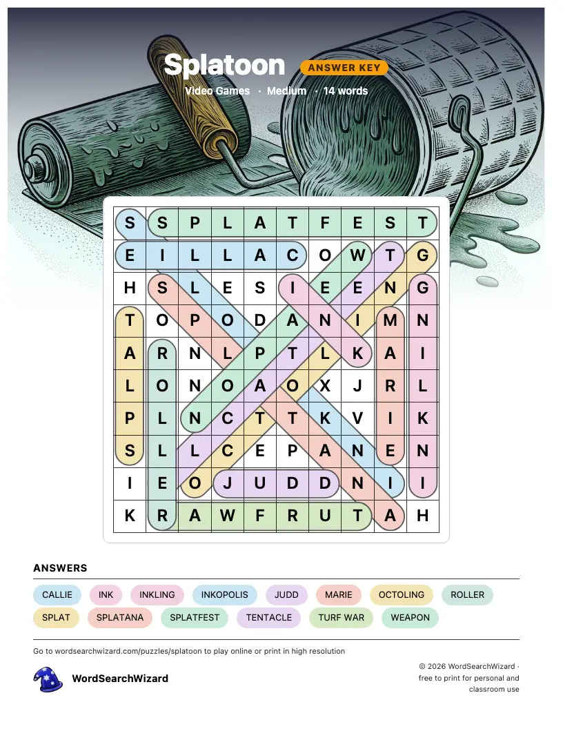 Splatoon word search answer key, all 14 words marked