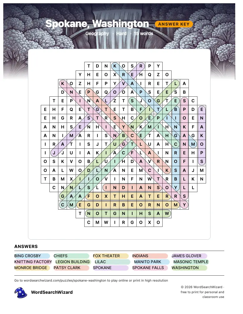 Spokane, Washington word search answer key, all 15 words marked