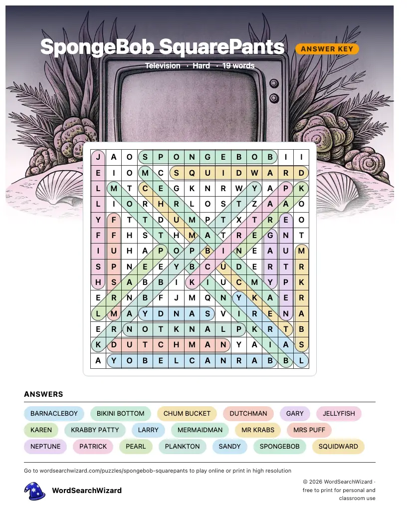 SpongeBob SquarePants word search answer key, all 19 words marked