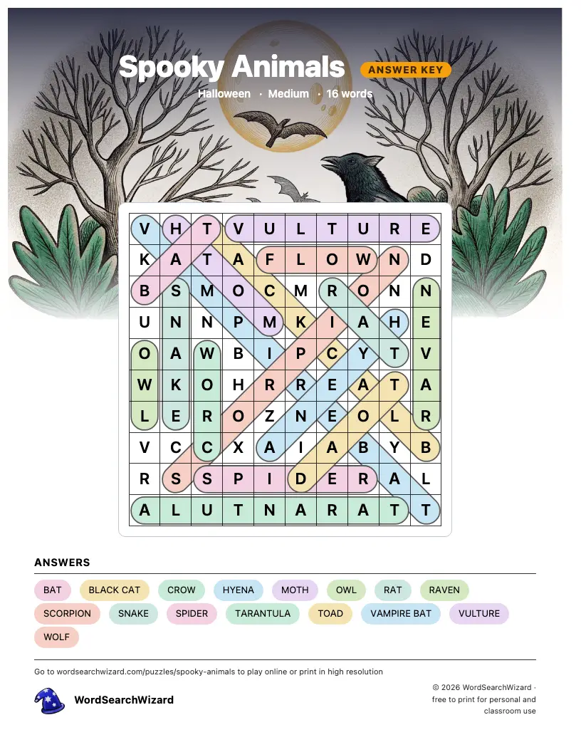 Spooky Animals word search answer key, all 16 words marked