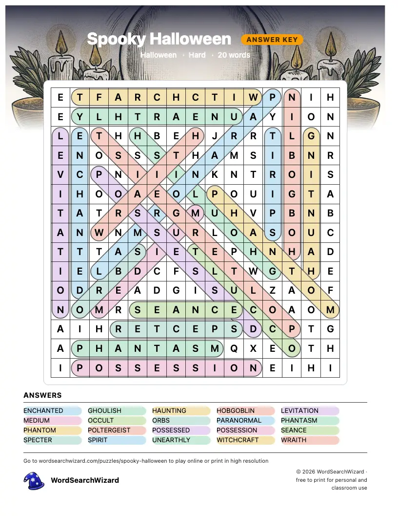 Spooky Halloween word search answer key, all 20 words marked