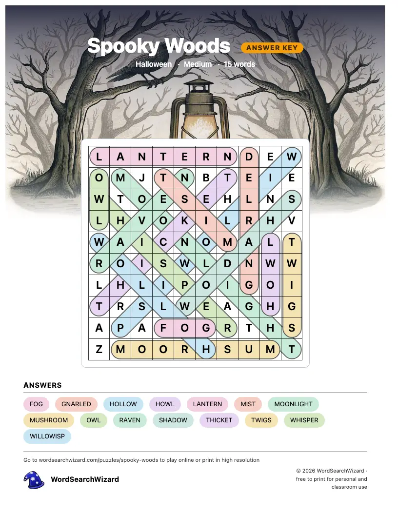 Spooky Woods word search answer key, all 15 words marked