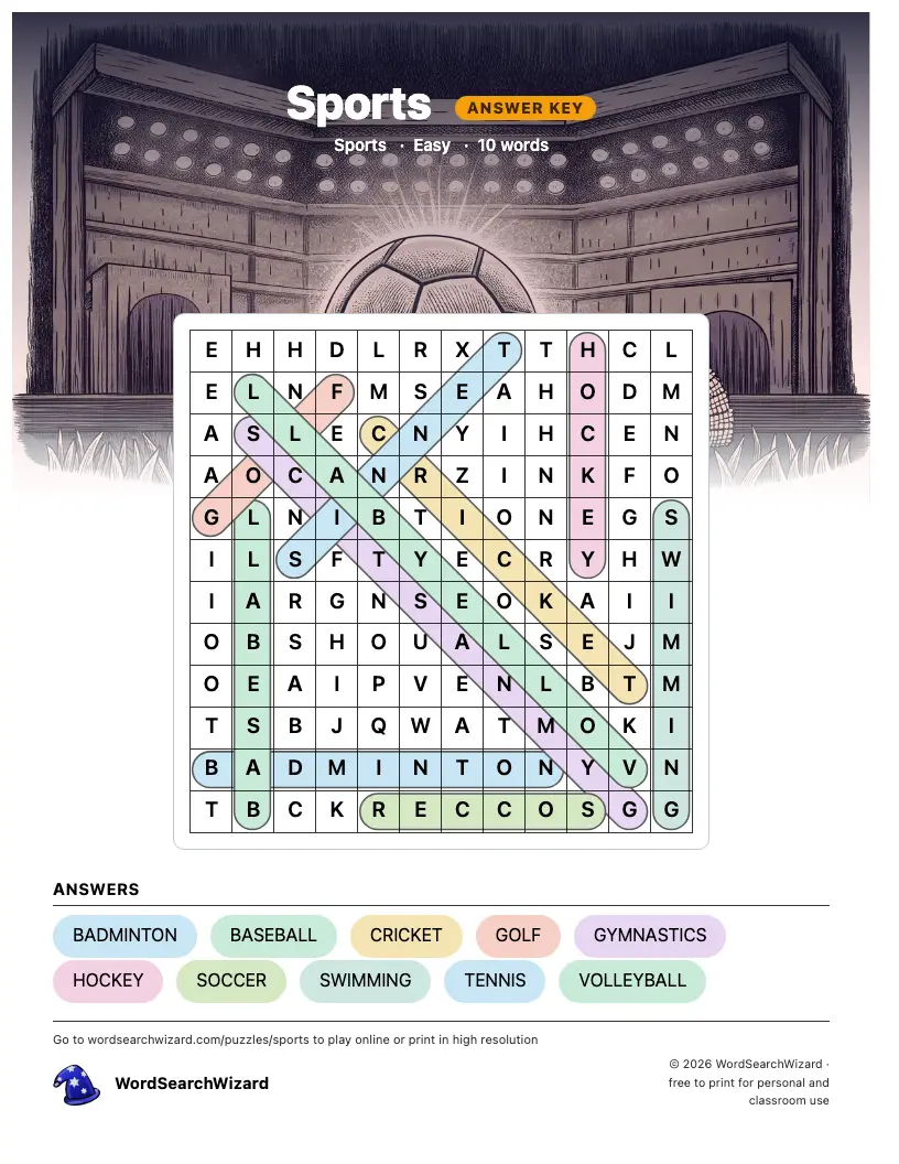 Sports word search answer key, all 10 words marked