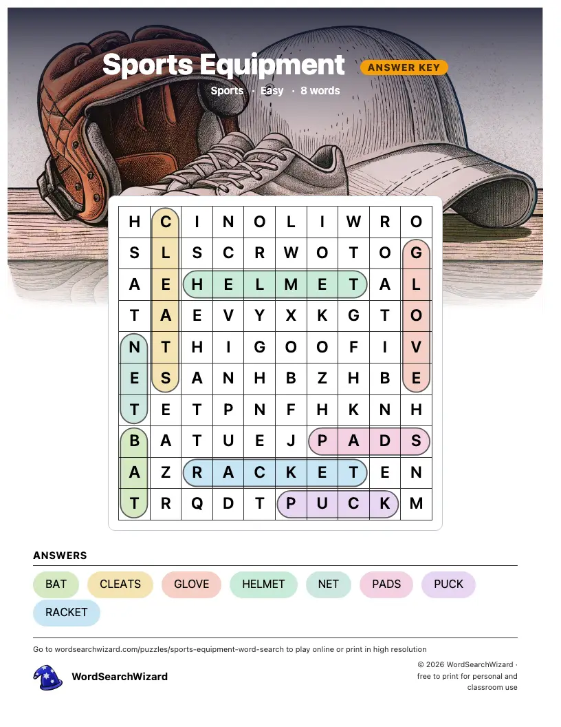 Sports Equipment word search answer key, all 8 words marked