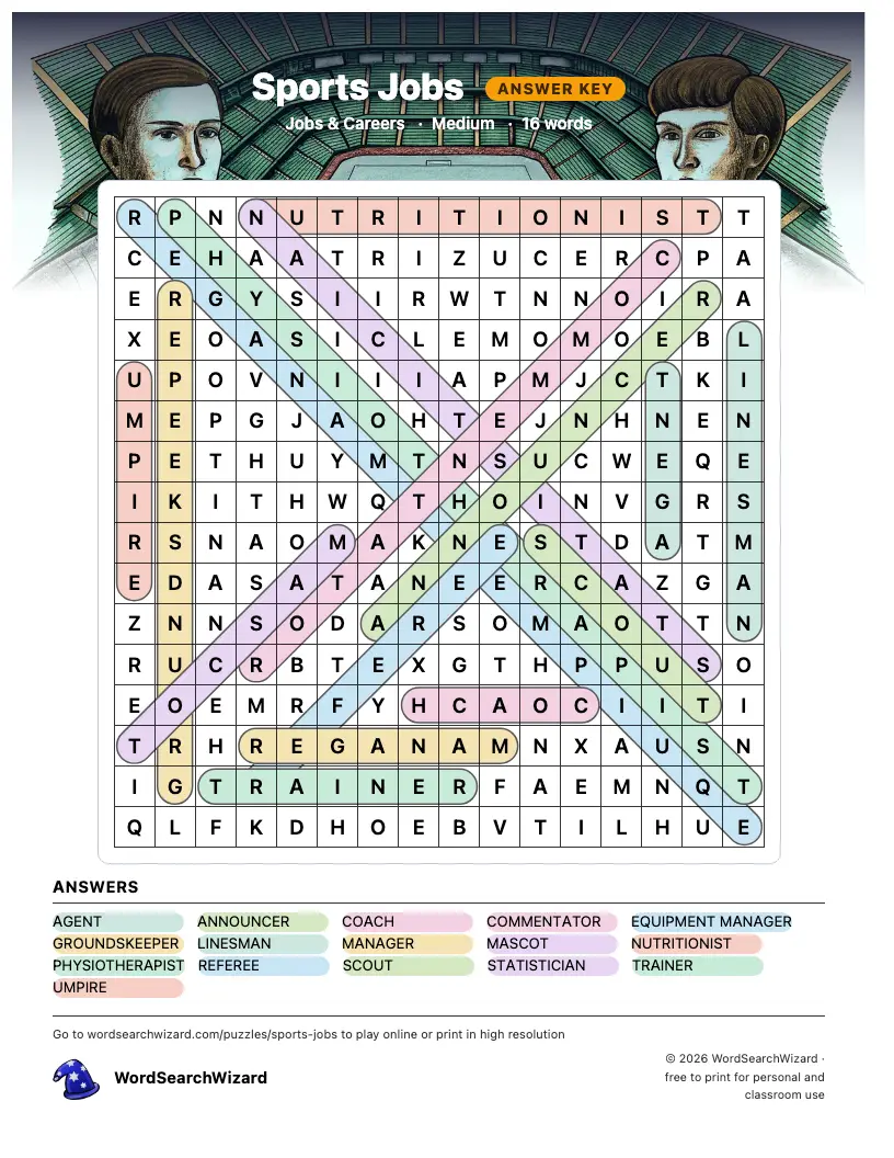 Sports Jobs word search answer key, all 16 words marked