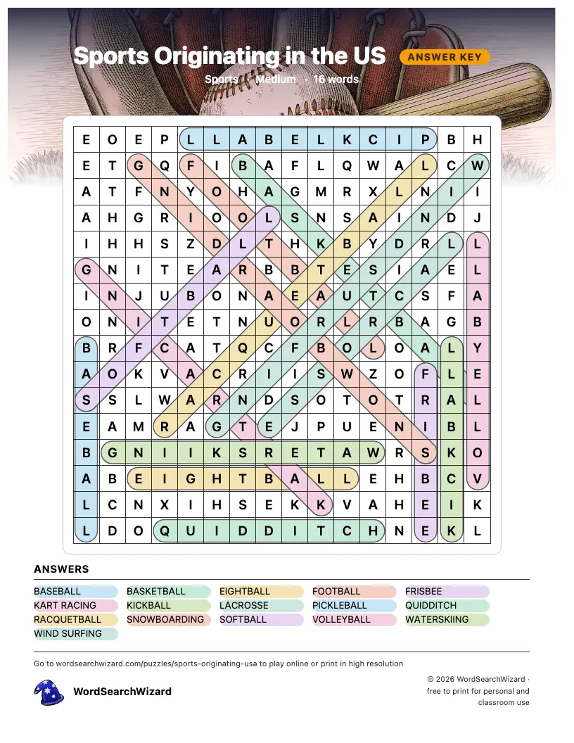 Sports Originating in the US word search answer key, all 16 words marked