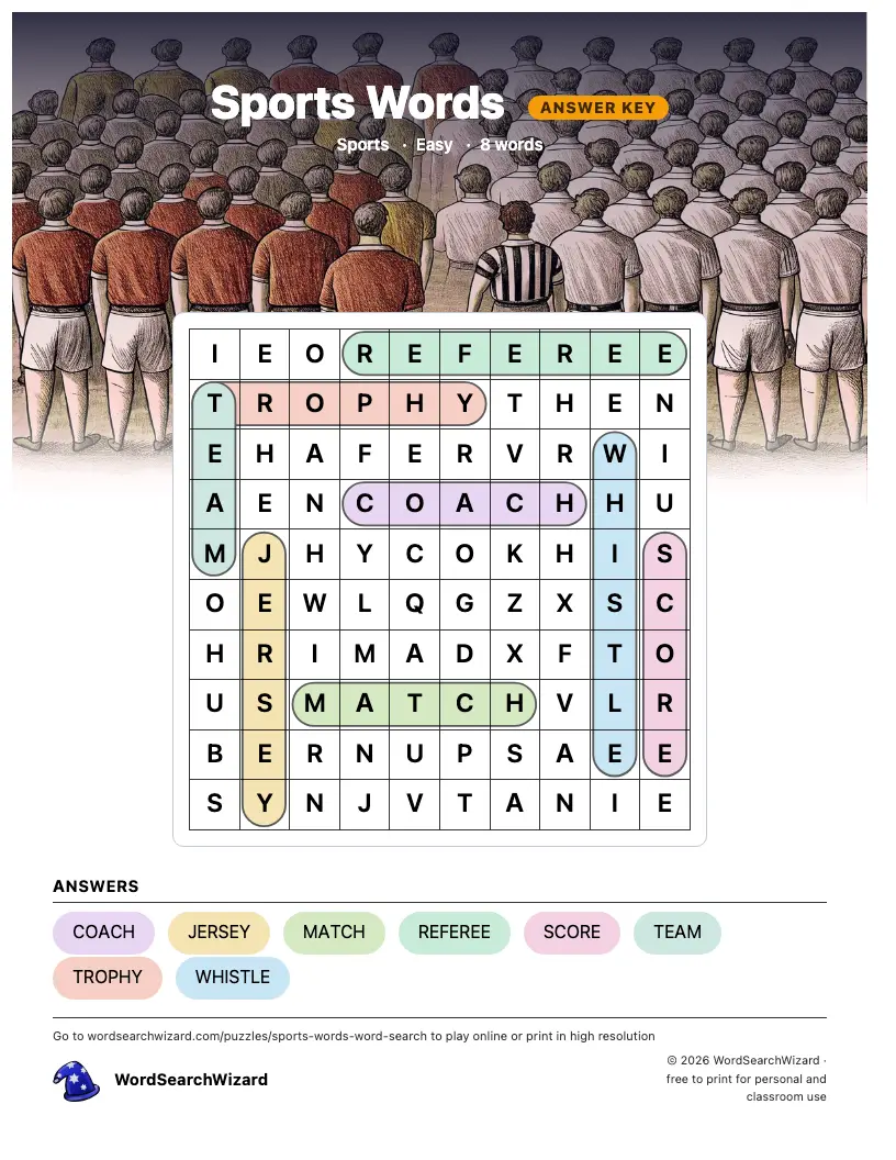Sports Words word search answer key, all 8 words marked