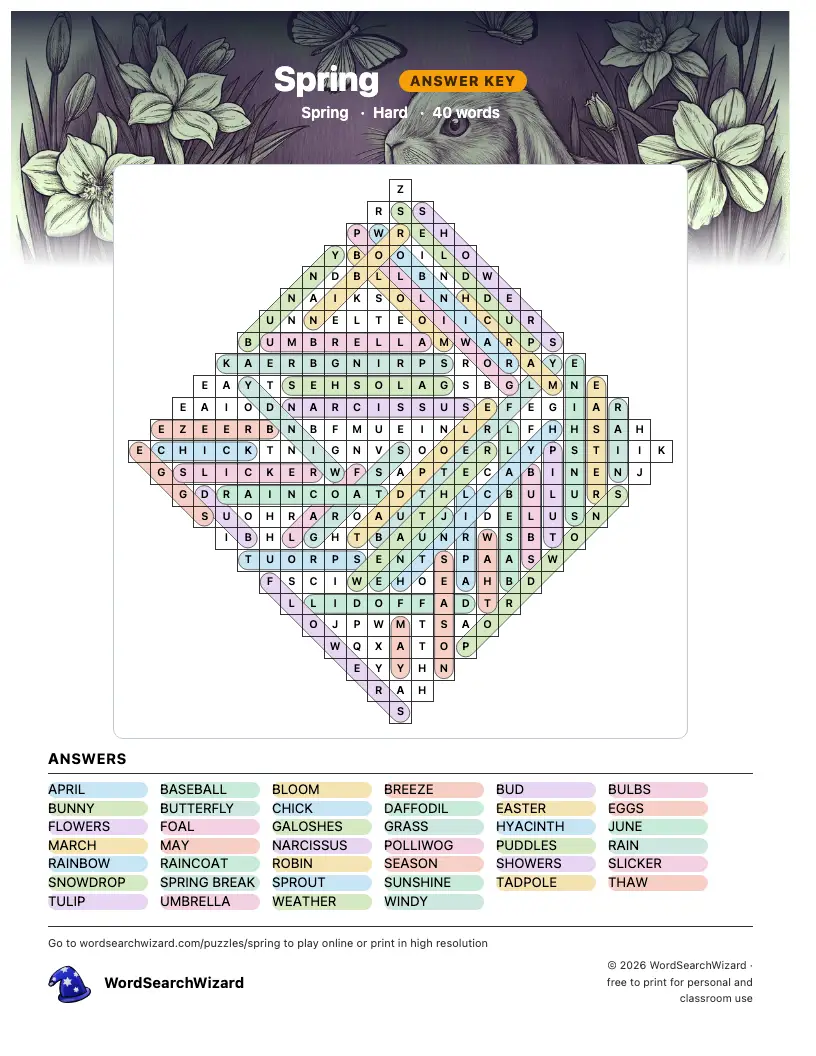 Spring word search answer key, all 40 words marked