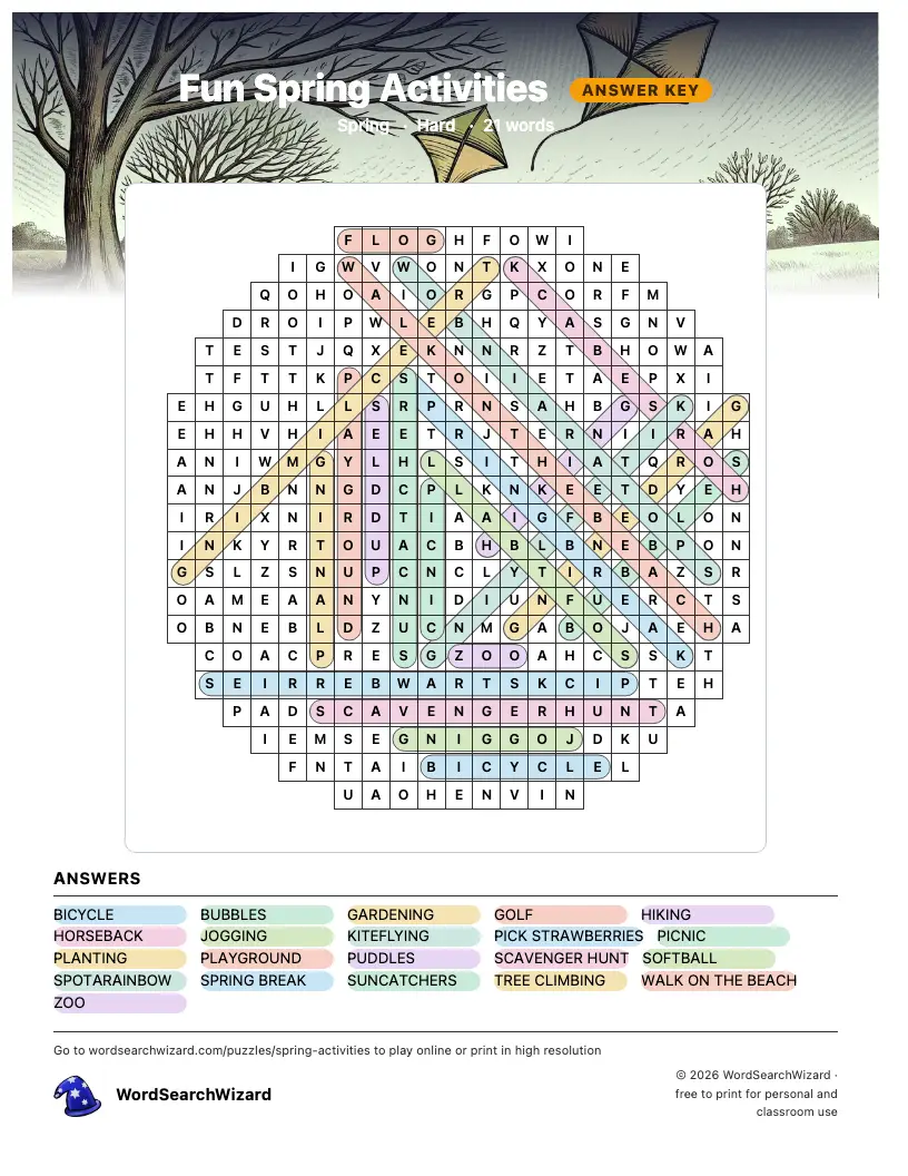 Fun Spring Activities word search answer key, all 21 words marked