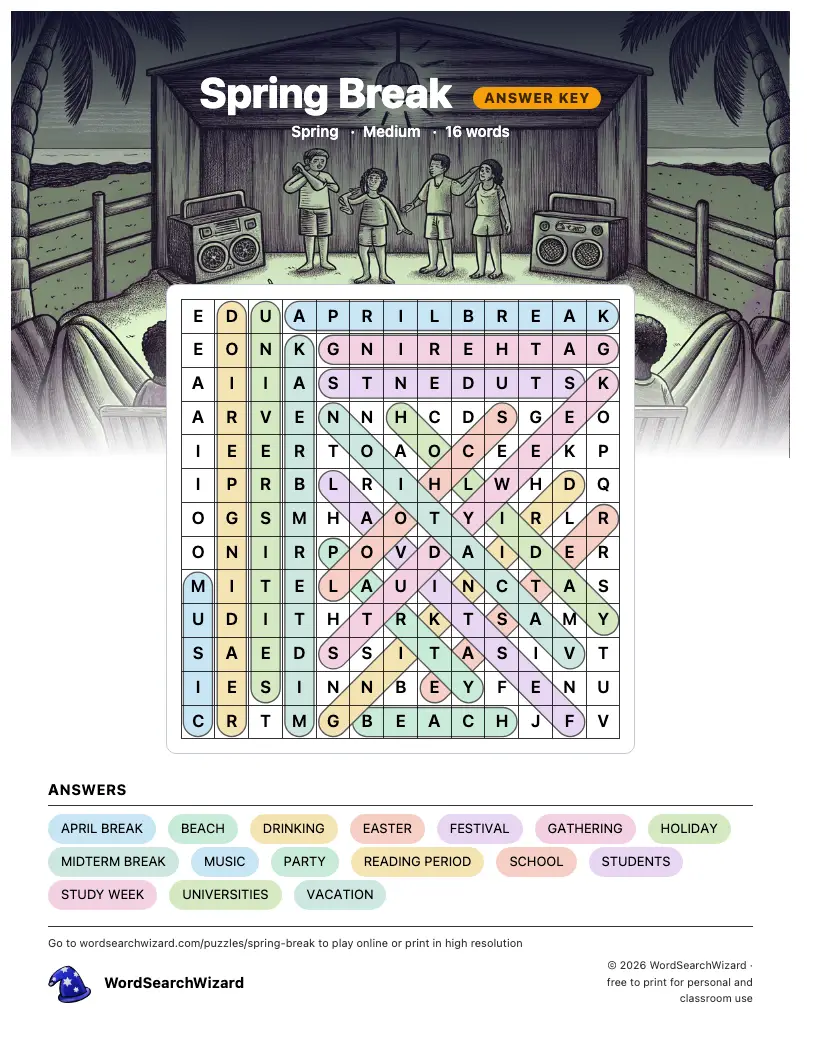 Spring Break word search answer key, all 16 words marked