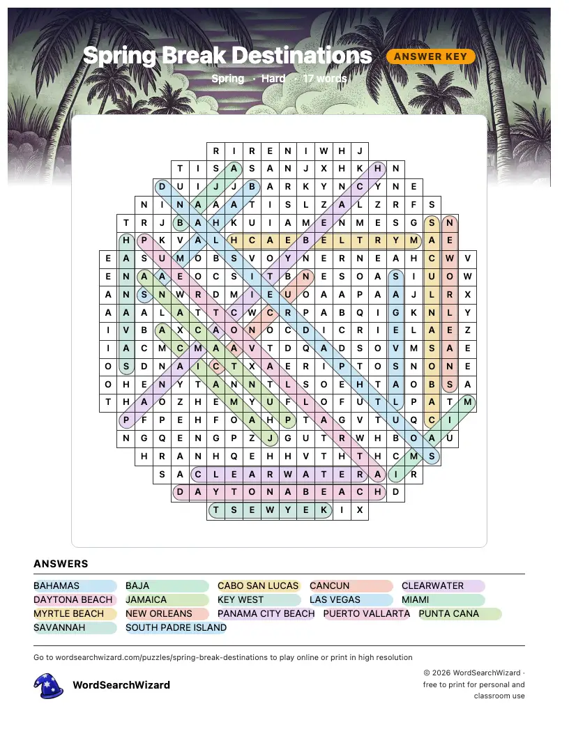 Spring Break Destinations word search answer key, all 17 words marked
