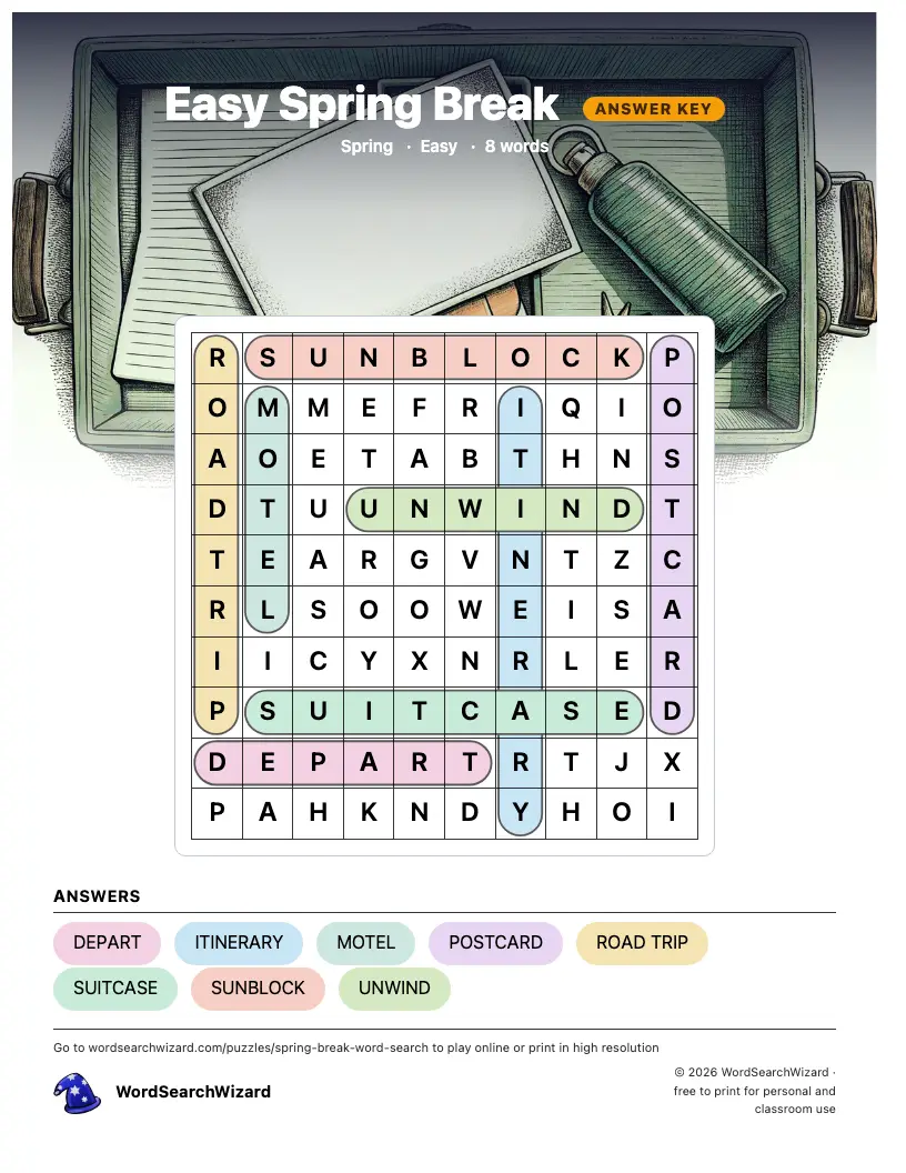 Easy Spring Break word search answer key, all 8 words marked